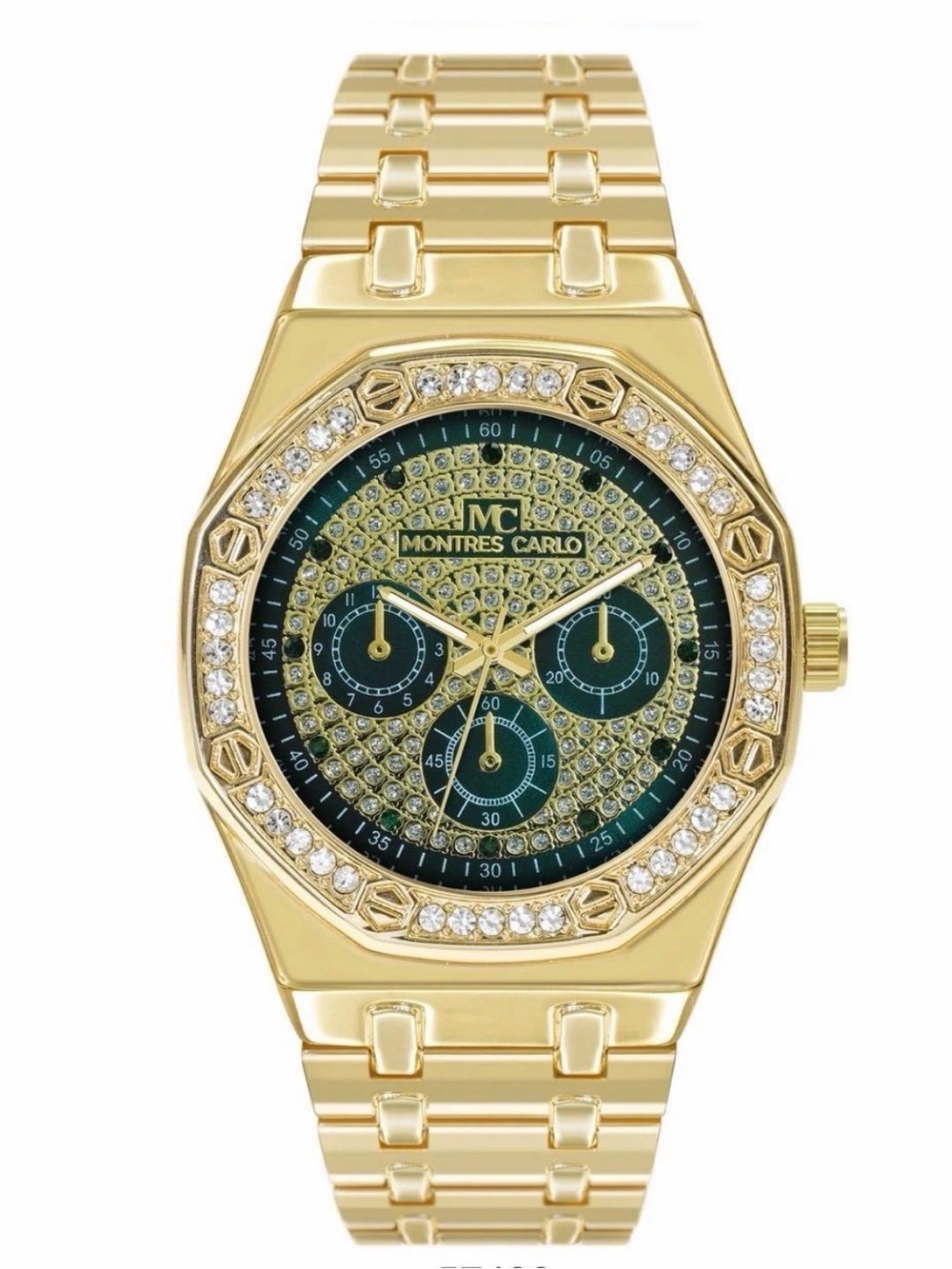 Montres Carlo Gold-Tone Crystal Chronograph Watch with Green Dial
